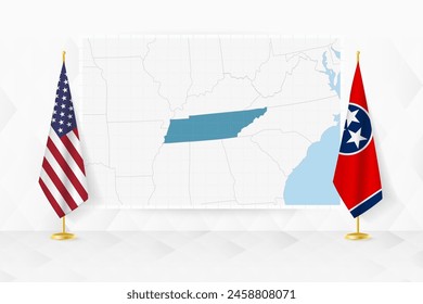 Mapa de Tennessee y banderas de Tennessee en el stand de la bandera. Ilustración vectorial para la reunión de diplomacia.