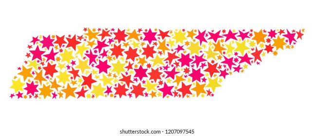 Map of Tennessee State designed with colored flat stars. Vector colored geographic abstraction of map of Tennessee State with red, yellow, orange stars.