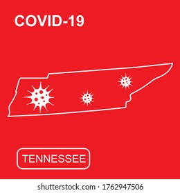 Karte des Tennessee-Bundesstaates mit der Aufschrift "COVID-19". Weiße Umrisskarte auf rotem Hintergrund. Vektorgrafik eines Virus, Coronavirus, Epidemiologie.