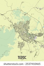 Map of Tepic, Mexico, displayed on a pale yellow background. The map features a network of black lines representing streets and roads.