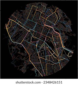 Mapa de Tepic, Nayarit con todas las carreteras principales y menores, ferrocarriles y vías fluviales. Coloridas líneas de arte sobre fondo negro.