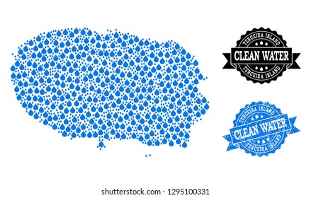 Map of Terceira Island vector mosaic and clean water grunge stamp. Map of Terceira Island formed with blue aqua raindrops. Seal with grunge rubber texture for clean drinking water.