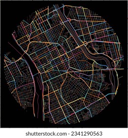 Map of Teresina with all major and minor roads, railways and waterways. Colorful line art on black background.