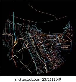 Map of Terneuzen, Zeeland with all major and minor roads, railways and waterways. Colorful line art on black background.