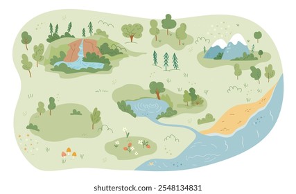 Mapa del paisaje del terreno con montañas, estanque y cascada. Vector en estilo plano, prado o campo con flores en flor, setas y playa o costa para descansar y broncearse, verano