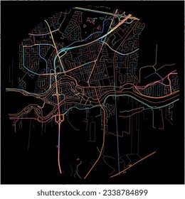 Map of Terrebonne, Quebec with all major and minor roads, railways and waterways. Colorful line art on black background.