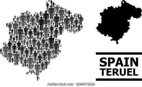 Map of Teruel Province for national proclamations. Vector nation abstraction. Concept map of Teruel Province composed of social items. Demographic concept in dark gray color shades.
