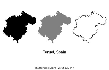 Map of Teruel, a province in Spain. Map with various styles of outlines, black and gray.