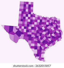 Mapa do Texas com condados. Apenas um simples mapa da fronteira do estado com a divisão do condado. Paleta de cores roxas. Forma em branco do Estado do Texas com divisão administrativa. Ilustração vetorial.