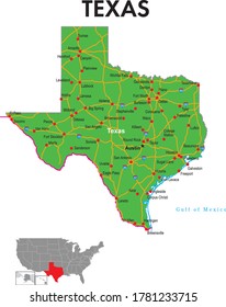 Map of Texas. The map depicts the state capitals, major cities and highways.