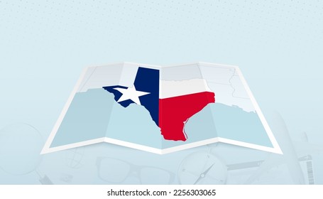 Map of Texas with the flag of Texas in the contour of the map on a trip abstract backdrop. Travel illustration.