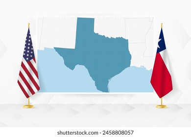 Map of Texas and flags of Texas on flag stand. Vector illustration for diplomacy meeting.