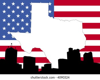 map of Texas on American flag with Dallas skyline
