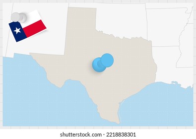 Map of Texas with a pinned blue pin. Pinned flag of Texas, vector illustration.