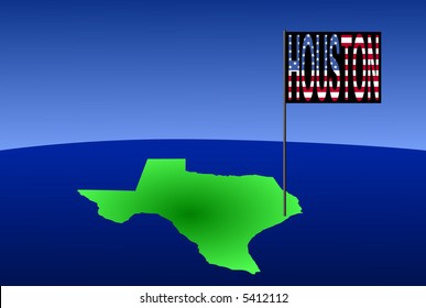 Mapa de Texas con la posición de Houston marcada por la ilustración de la bandera