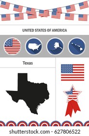 Map of Texas. Set of flat design icons nfographics elements with American symbols.