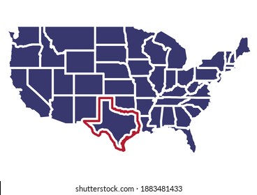 Map of Texas. The map shows the location of Texas in the USA. The map is colored with the colors of the USA flag. This file is appropriate for digital editing and prints of all sizes.