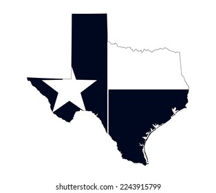 Mapa del estado de Texas con la bandera oficial en color blanco y negro aislado en fondo blanco. Ilustración del vector
