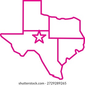 Karte des Bundesstaates Texas mit rosafarbenem Umriss und Stern einzeln auf weißem Hintergrund