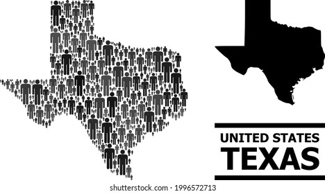 Map of Texas State for political propaganda. Vector demographics abstraction. Abstraction map of Texas State composed of man icons. Demographic scheme in dark grey color tinges.