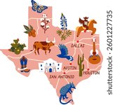 Map of Texas state with symbols. Vector illustration