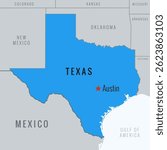 Map of Texas State, USA with Austin Capital City Locate Map