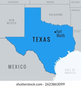 Mapa de Estado do Texas, EUA com Fort Worth City