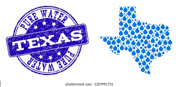 Map of Texas State vector mosaic and Pure Water grunge stamp. Map of Texas State formed with blue water dews. Seal with grunge rubber texture for clean drinking water.