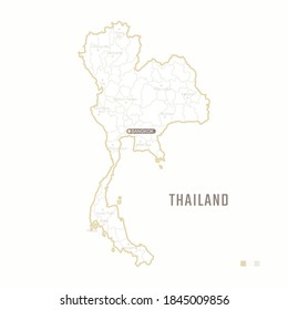 Mapa de Tailandia con frontera, ciudades y la capital Bangkok. Cada ciudad tiene por separado para su diseño. Ilustración vectorial
