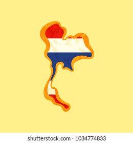 Map of Thailand colored with Thai flag and marked with golden line in grunge vintage style.
