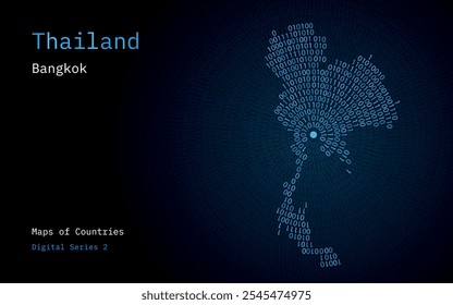 Um mapa da Tailândia retratado em zeros e uns na forma de um círculo. A capital, Bangkok, é mostrada no centro do círculo	
