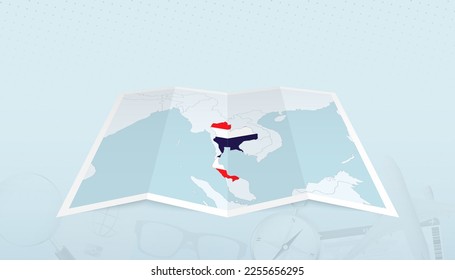 Map of Thailand with the flag of Thailand in the contour of the map on a trip abstract backdrop. Travel illustration.