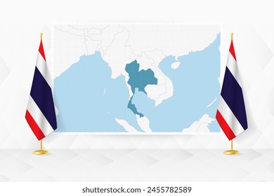 Map of Thailand and flags of Thailand on flag stand. Vector illustration for diplomacy meeting.