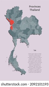 Map Thailand - high detailed illustration map divided on regions. Blank Thailand country isolated on white background. Vector template state Tak for website, pattern, infographic