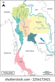 Map of Thailand includes regions including Mekong River, Mun, Chi, Chao Phraya, Ping, Wang, Yum, Nan River and borderline countries Myanmar, Laos, Cambodia, Vietnam, Gulf of Thailand, and Andaman Sea