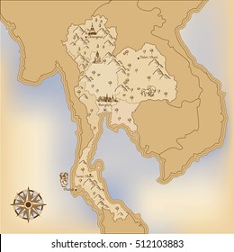 Map of Thailand. Old style