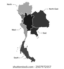Map of Thailand and regional area lines Map on a white transparent background