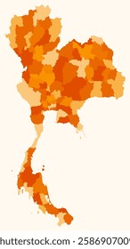 Map of Thailand with regions. Just a simple country border map with region division. Orange color palette. Plain Thailand shape with administrative division. Vector illustration.