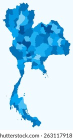 Mapa da Tailândia com regiões. Apenas um simples mapa de fronteira de país com divisão de região. Paleta de cores azul claro. Forma de Tailândia em branco com divisão administrativa. Ilustração vetorial.