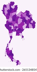 Map of Thailand with regions. Just a simple country border map with region division. Purple color palette. Plain Thailand shape with administrative division. Vector illustration.