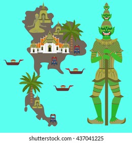 Map with Thailand symbol, marble Temple Benchamabophit, Guardian Giant Yaksha, Buddhist stupa - chedi, Traditional long-tail boat, Thai taxi vehicle Tuk Tuk, sculpture of Buddha vector