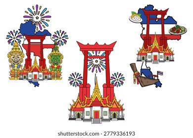 Map of Thailand Thai temples love for Thailand longtail boats fireworks and Giant Swing