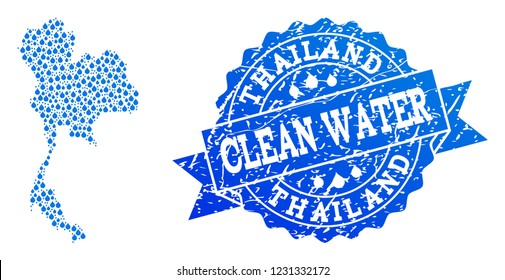Map of Thailand vector mosaic and clean water grunge stamp. Map of Thailand composed with blue water tears. Seal with grunge rubber texture for pure drinking water.