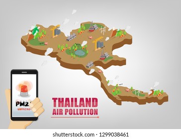 Map of Thailand. Warning about PM2.5 dust in excess of standards in Bangkok. Bangkok air pollution