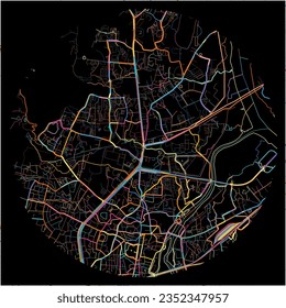 Map of Thane, Maharashtra with all major and minor roads, railways and waterways. Colorful line art on black background.