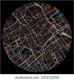 Map of TheHague, South Holland with all major and minor roads, railways and waterways. Colorful line art on black background.