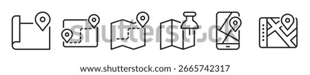 Map thin line icon set. Map pin, route, GPS minimal icons