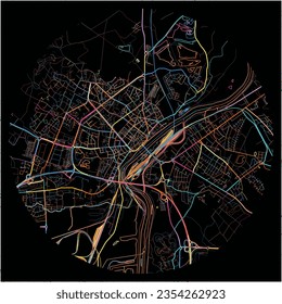 Map of Thionville, Moselle with all major and minor roads, railways and waterways. Colorful line art on black background.