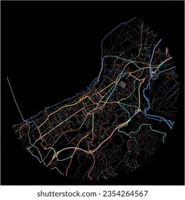 Map of Thonon-les-Bains, Haute-Savoie with all major and minor roads, railways and waterways. Colorful line art on black background.