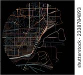 Map of ThunderBay, Ontario with all major and minor roads, railways and waterways. Colorful line art on black background.